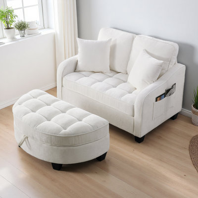 Canapé à deux places, canapé-lit double avec accoudoirs et dossiers irréguliers, repose-pieds avec espace de rangement, deux petits coussins décoratifs