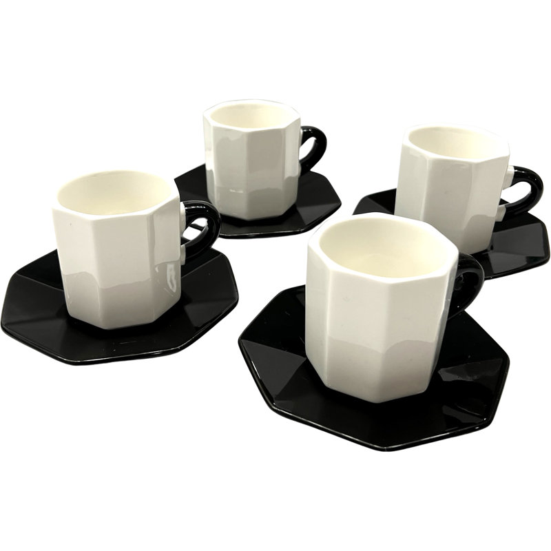 Bacimi White and Black Ceramic Espresso Cups with Saucers, 2.7oz