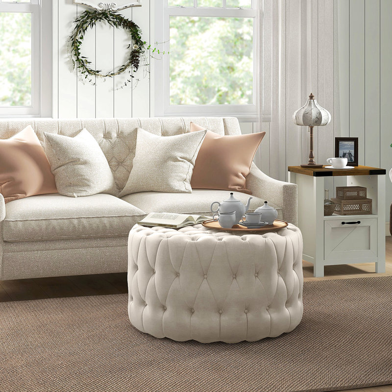 Large 31.5" Round Beige - Velvet-Feel Upholstered With Button Seat For Modern Home Decor , Tempting Upholstery And Interior Design