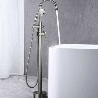 Freestanding Bathtub Faucet, Handheld Shower, Neck Spout, Brushed Nickel, Solid Brass, Clawfoot Tub, Stainless Steel Hose, Two Metal Lever Handles, Co