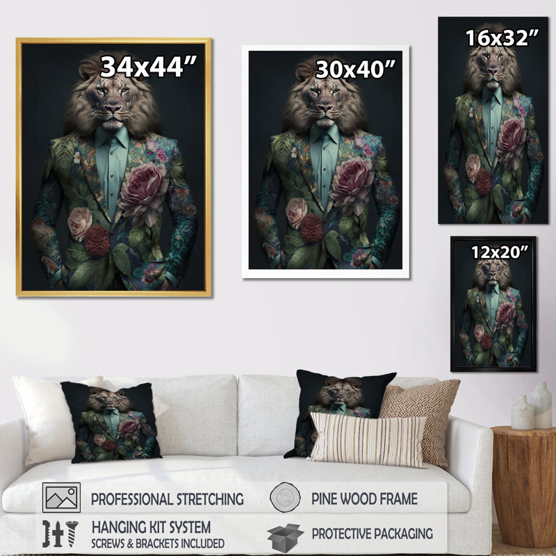 Lion glamour avec costume de fleurs - animaux, impressions d'art mural lion, 32" H x 16" W, Cadre flottant blanc