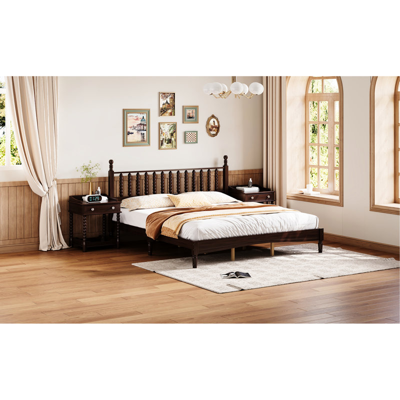Lit très grand avec tête de lit en forme de gourde, style rétro, bois de noyer, sans sommier, stable et bruit - plateforme à lattes, bois