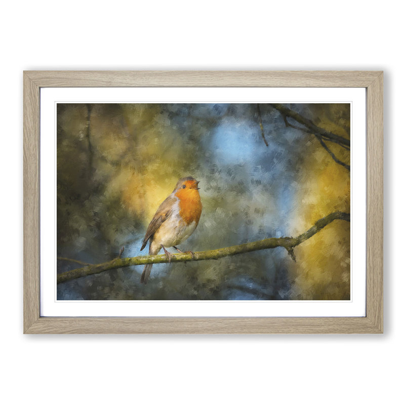 Robin Bird in a Tree - Picture Frame Painting Print on MDF, 62cm H x 87cm W x 2cm D, Oak Framed
