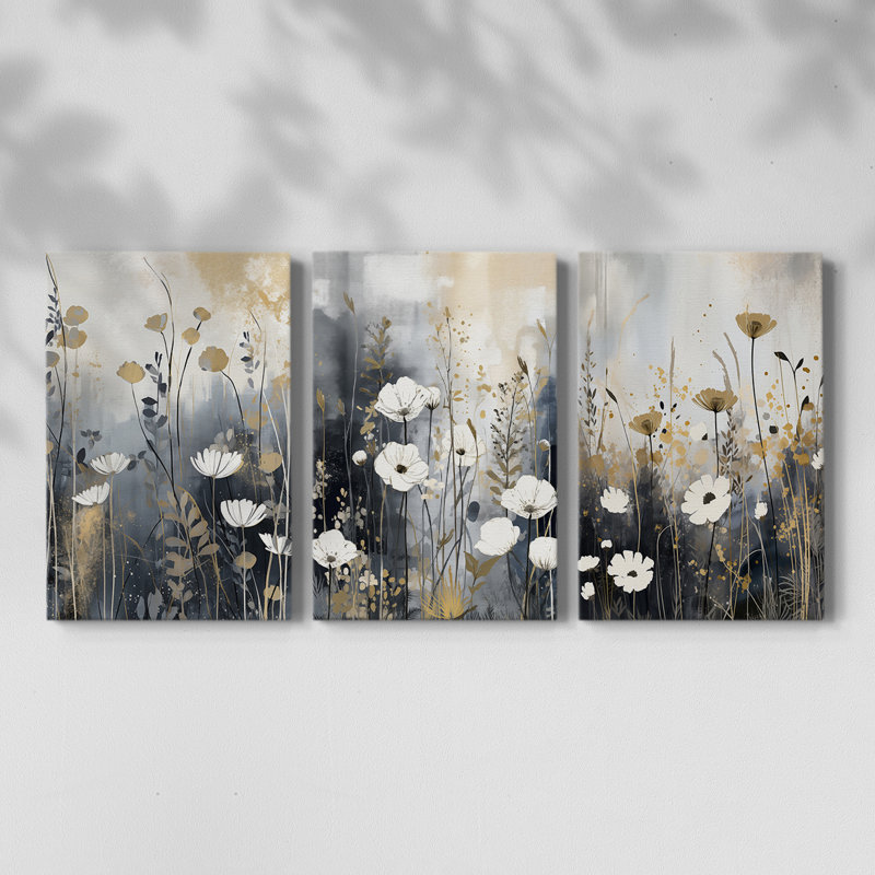 Ensemble de 3 toiles tendues avec châssis Floral Series Series Cxxxiii - Prêt à être accroché, H 60 po x l 40 po