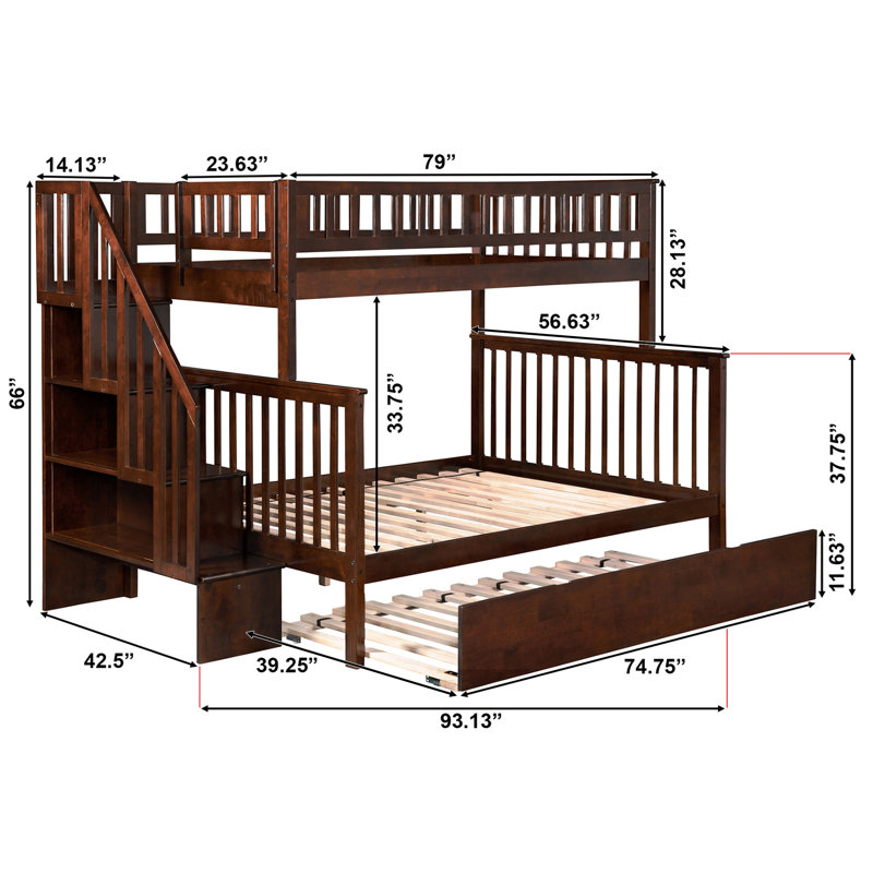 Ilariana Wood Bunk Bed with Staircase and Trundle, Walnut, Twin Over Full