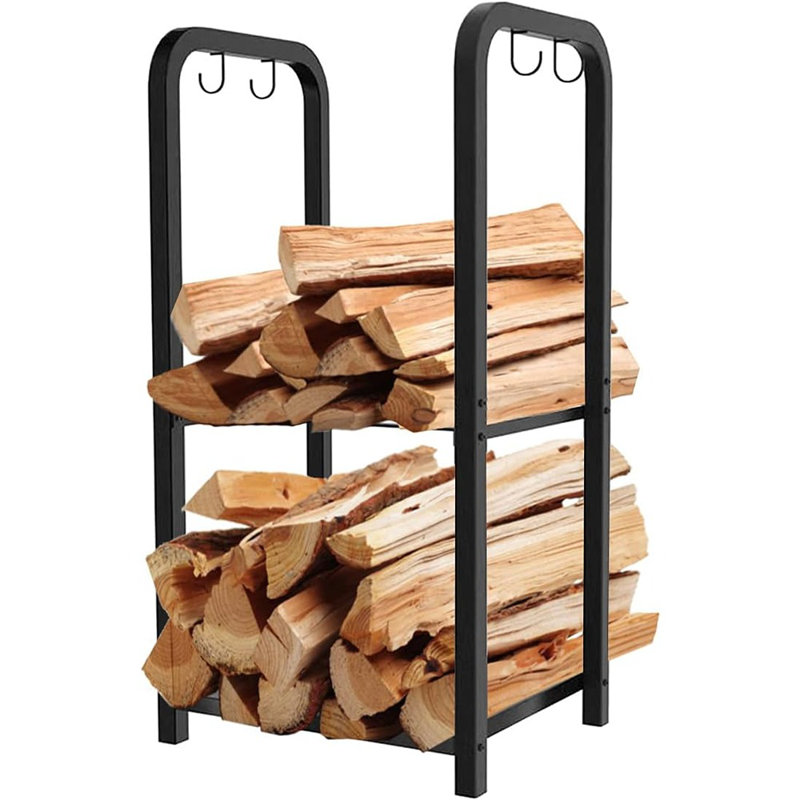 Petit support à bois pour foyer intérieur, support de rangement pour bûches en bois à 2 niveaux pour patio extérieur, noir (sans roulettes)