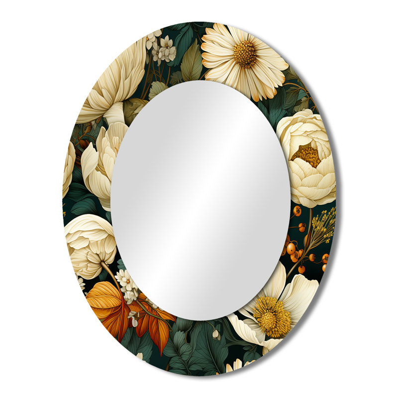 Motif de fleurs de chrysanthème Earthy Greens - miroir mural traditionnel ovale, H 43 po x l 33 po