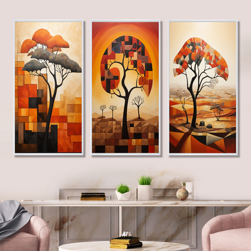 «Cubist African Tree Landscape I», ensemble de 3 impressions sur toile, Cadre flottant blanc, H 32 po x l 48 po