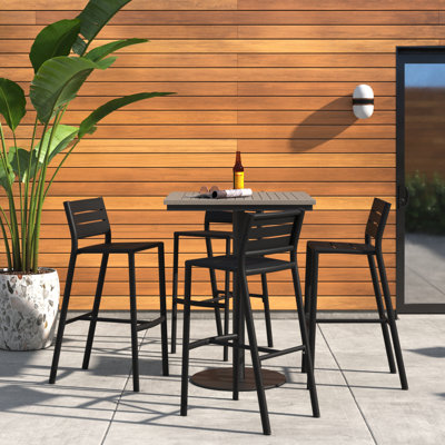 Ensemble de table de bar carrée et tabourets en aluminium de 36 po 5 pièces Eiland - Plateau Tekwood rétro - Carbone