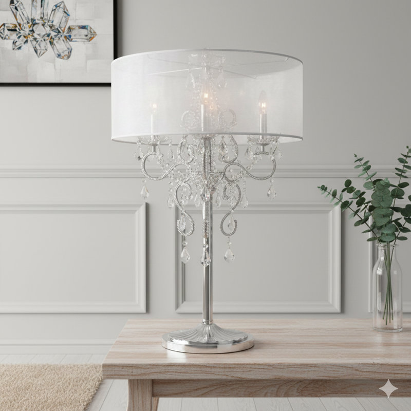 Lampe de table haute de 35 pouces au fini argenté, ornée de cristaux et d'un abat-jour transparent