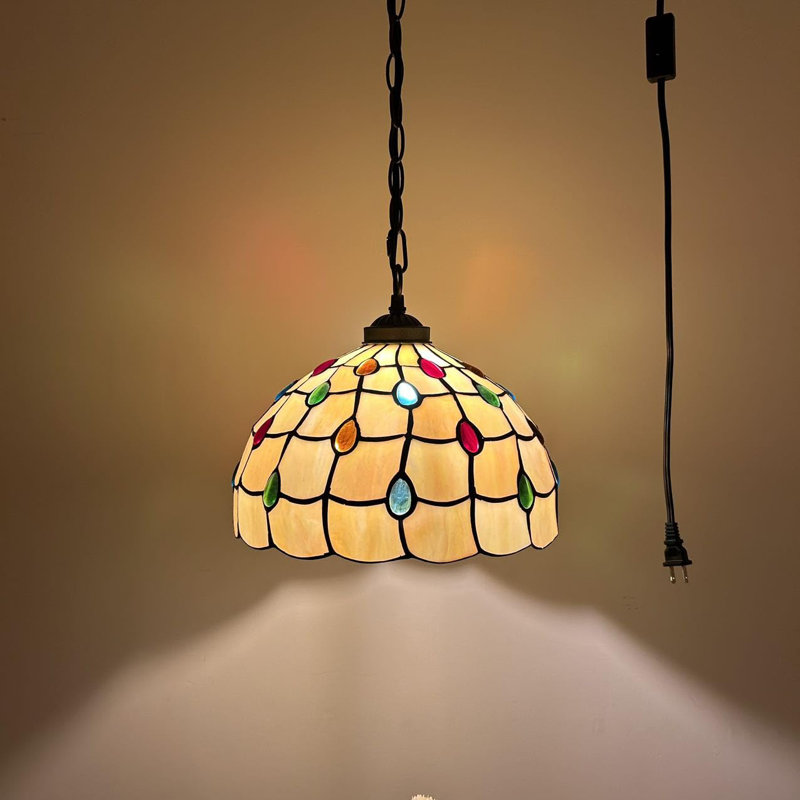Brookmere Tiffany Pendant Lighting Plug in Gold Stained Glass Crystal Beans LED Bulb 12”W*12”D*60”H