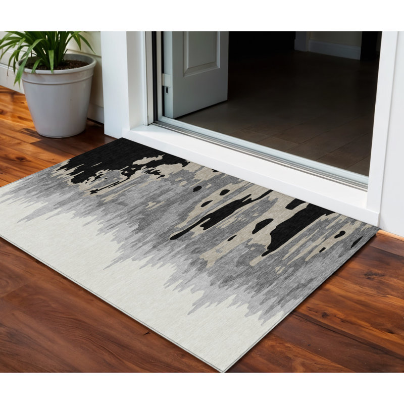 3' X 5' Black Gray And Ivory Abstract Washable Indoor Outdoor Area Rug