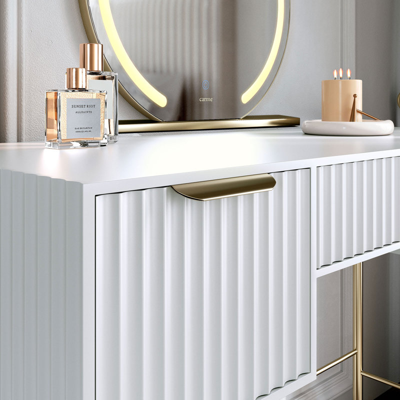 Lara Dresssing Table - Ridged front and side finished, Gold/White