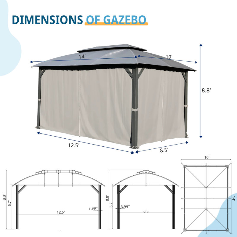 Pavillon de jardin extérieur 10 pi x 14 pi - gris Conception à double toit, protection. Structure en métal. Tissu. Accueille 6 à 8 personnes. Tente arrière de jardin 10 pi x 14 pi Toit,. Patio,