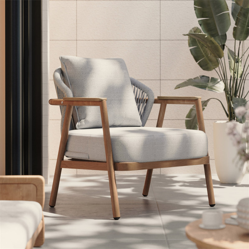 Fauteuil club en corde Orla, fini teck avec coussin taupe texturé Orla, Taupe