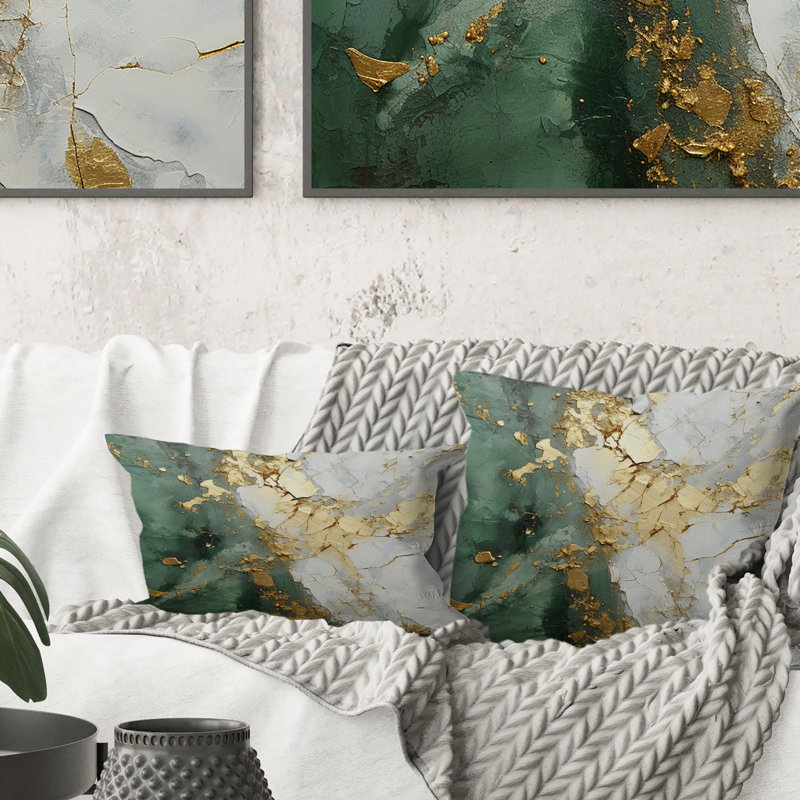 Coussin décoratif avec peinture abstraite, or et vert, 18" x 18"