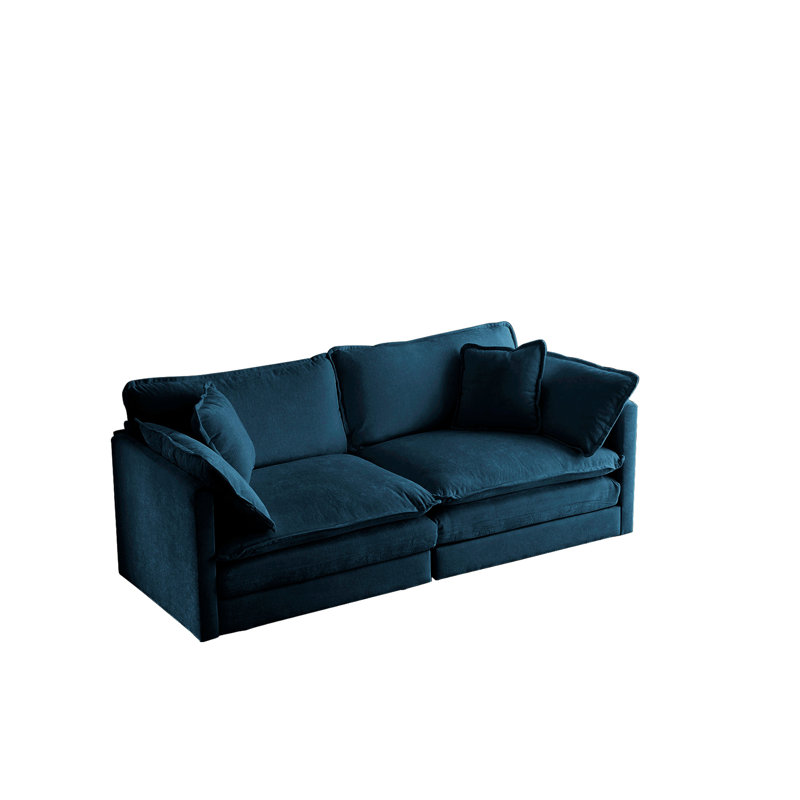 Canapé bleu en chenille pour le salon, 2 avec 4 coussins, fabrication en bois, revêtement confortable dans la chambre, structure solide à 2 sièges, style élégant