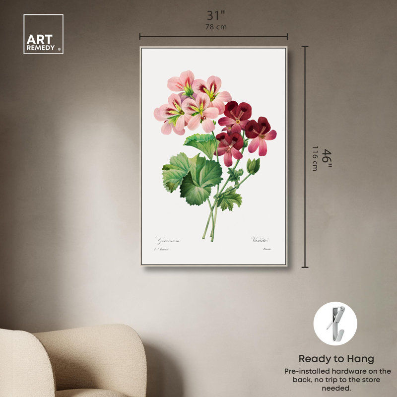 Art Remedy, impressions sur toile, géranium, 1827, H 46 po x l 31 po, Encadrement argenté