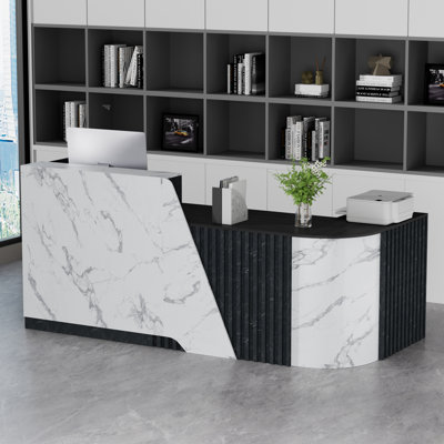 L-Shape Large Wooded Grille Reception Desk, Modern Front Desk Reception Counter with Lockable Drawers & Storage & Keyboard Tray, for Checkout, Lobby, Office