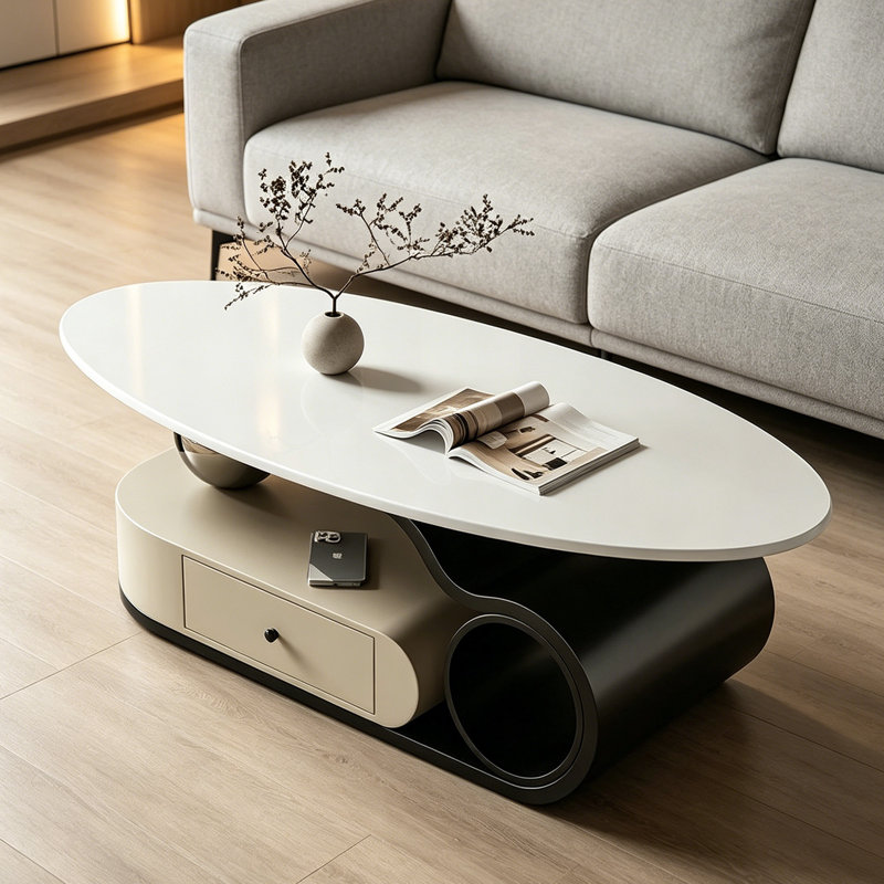 Table basse moderne avec rangement ovale pour petit appartement, H 15,74 po x L 51,18 po x l 27,55 po, Blanc/Noir
