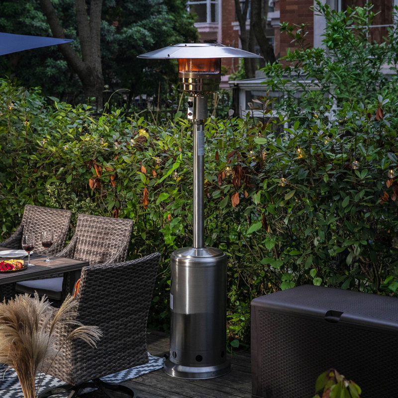 Chauffe-terrasse d'extérieur au propane en acier inoxydable avec roulettes 46 000 BTU, chaufferette amovible pour le jardin, la cour arrière, le porche, argent