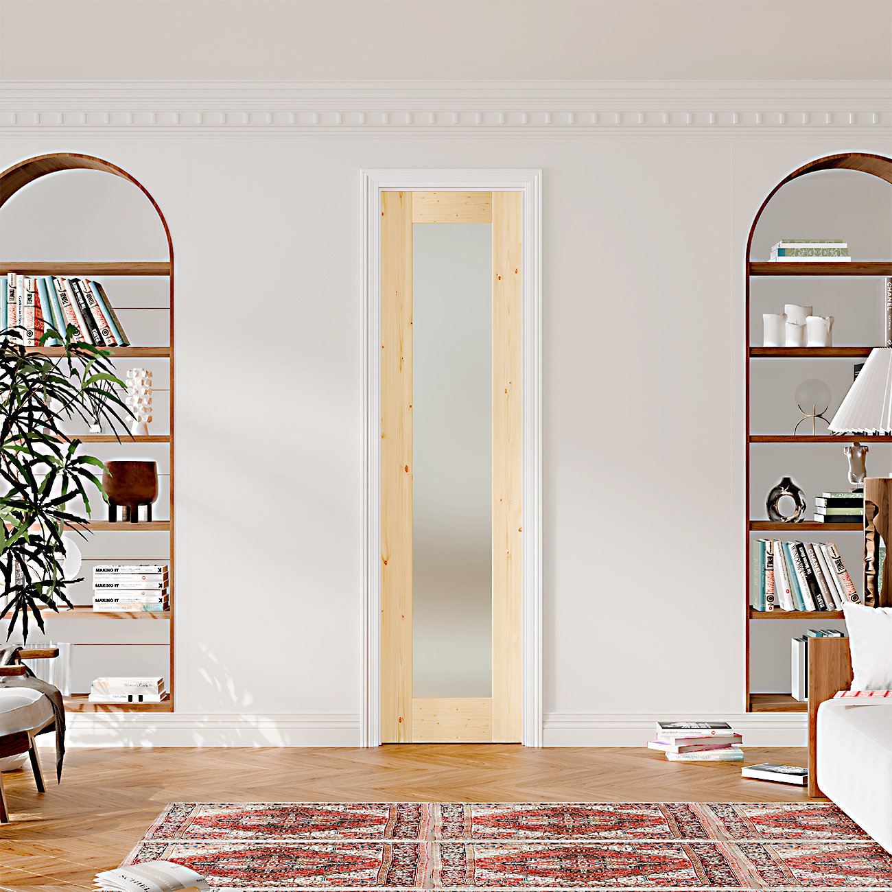 DOOOLI Prehung Slab DoorsFull Lite Pine Wood Color Frosted Glass