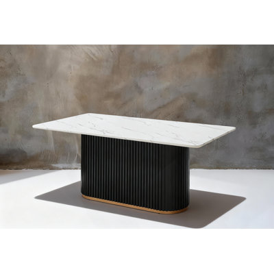 69 Inch Rectangular Faux Marble Dining Table, Black Wave Metal Base With Gold Trim, Seats 4-6 For Kitchen & Dining Room