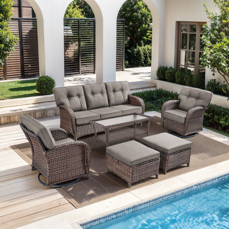 Fiorillo 6-Piece Outdoor Patio Conversation Set With 5" Thick Cushions And 2 Swivel Chairs, Gray