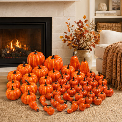  52-Piece Indoor Fall Harvest Decor Set, Assorted Orange Speckled Mini Faux Pumpkins & Gourds, Table Mantel Tiered Tray Autumn Ornaments for for Fall Harvest Halloween Thanksgiving Craft Project, Indoor & Covered‑Outdoor Table Decor