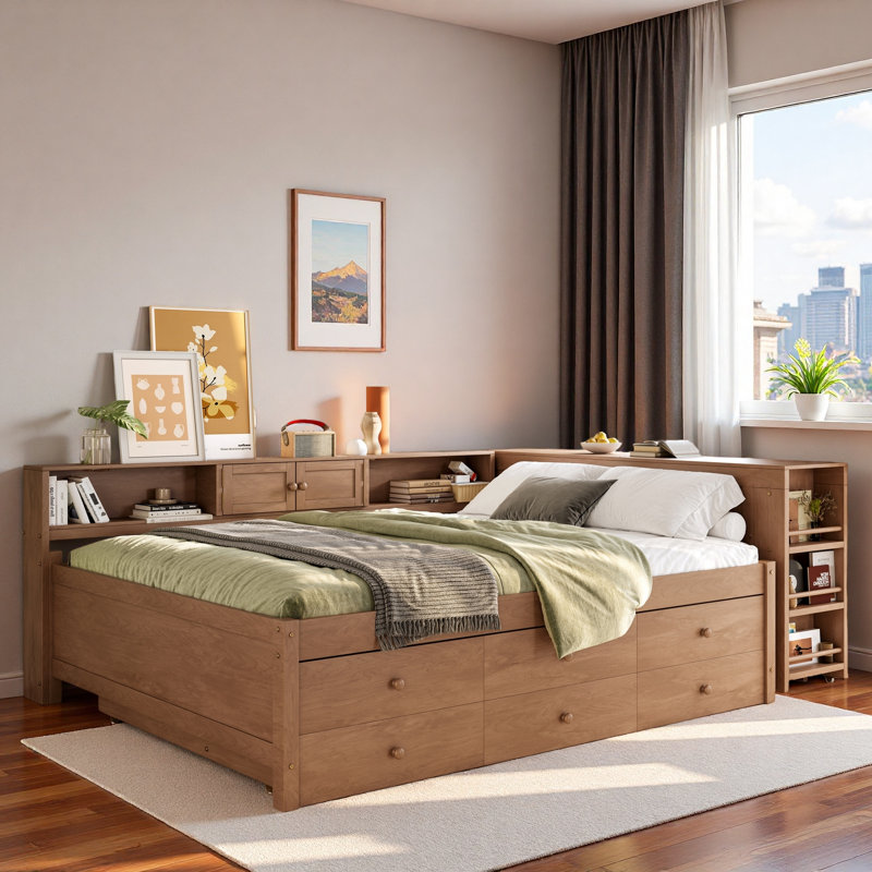 Wood Daybed With Storage Drawers, Side Shelves, Desk And Trundle, Full/Double, Vintage Brown