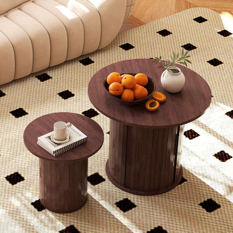 Wooden  Nesting Of Coffee Table With Metal Frame, Set Of 2 Spacious Top Coffee Table Sets With Hidden Storage Space, Walnut
