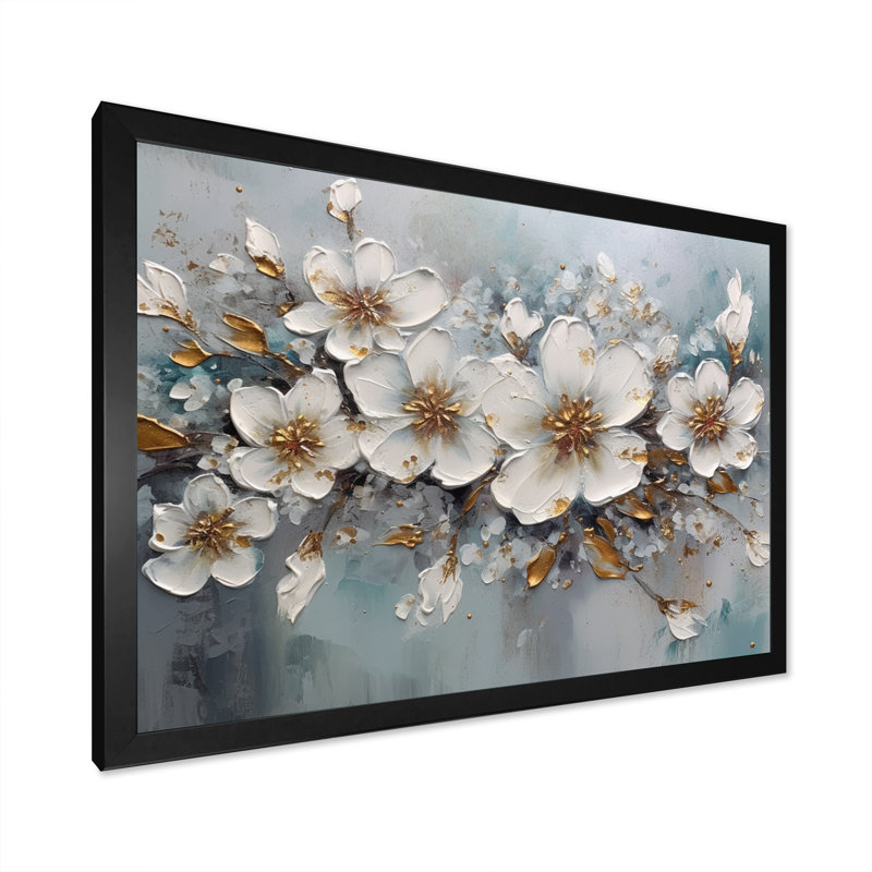 «Romari White and Gold Daisy Symphony III», reproduction sur toile encadrée, Cadre noir, H 12 po x l 20 po x P 1 po