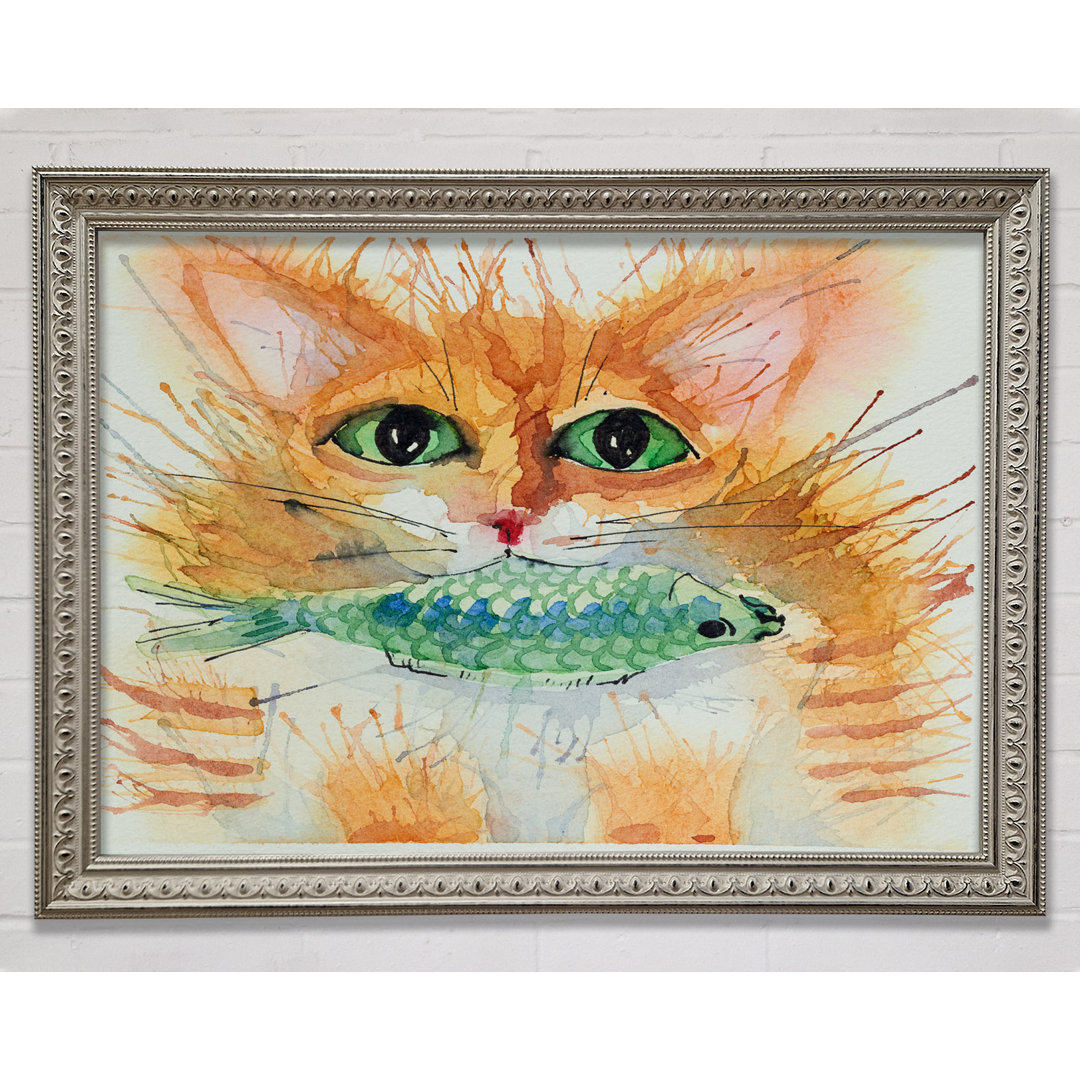 Aquarell Katze mit Fisch - Einzelner Bilderrahmen Kunstdrucke