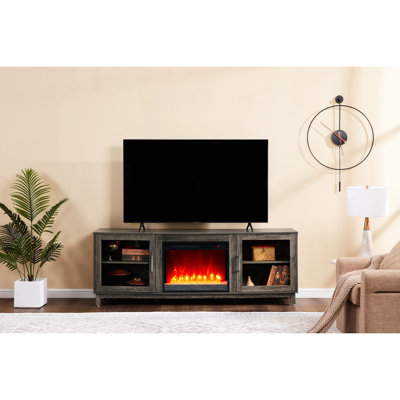 Meuble télé, l 70 po, fini gris noyer, foyer, 11 options de température, 7 choix de couleurs de flamme, minuterie, armoires, tablette, DEL, profondeur de produit 15,24 po, hauteur de 25,7 po, poids de 114,82 lb