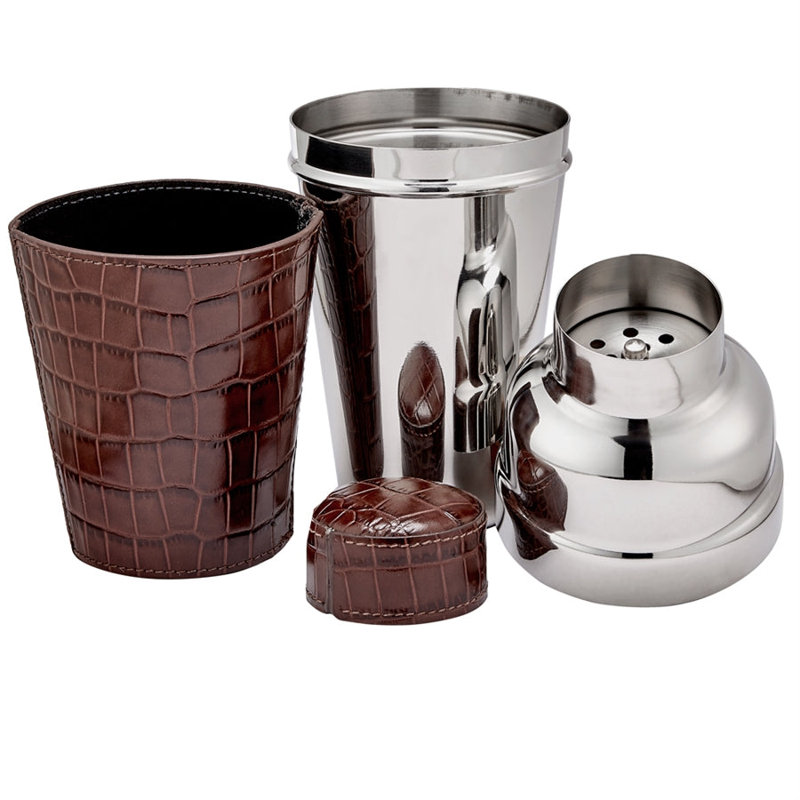 Graphic Image Cocktail Shaker, Leather, Brown Embossed Croc Leather, Brown