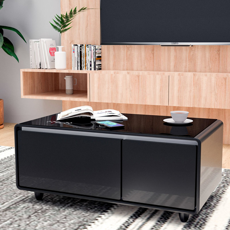 Table basse moderne noire avec tiroirs réfrigérés, base de recharge sans fil, ports audio et de type C, réfrigérateur encastré rectangulaire de luxe, charge, son, Interface