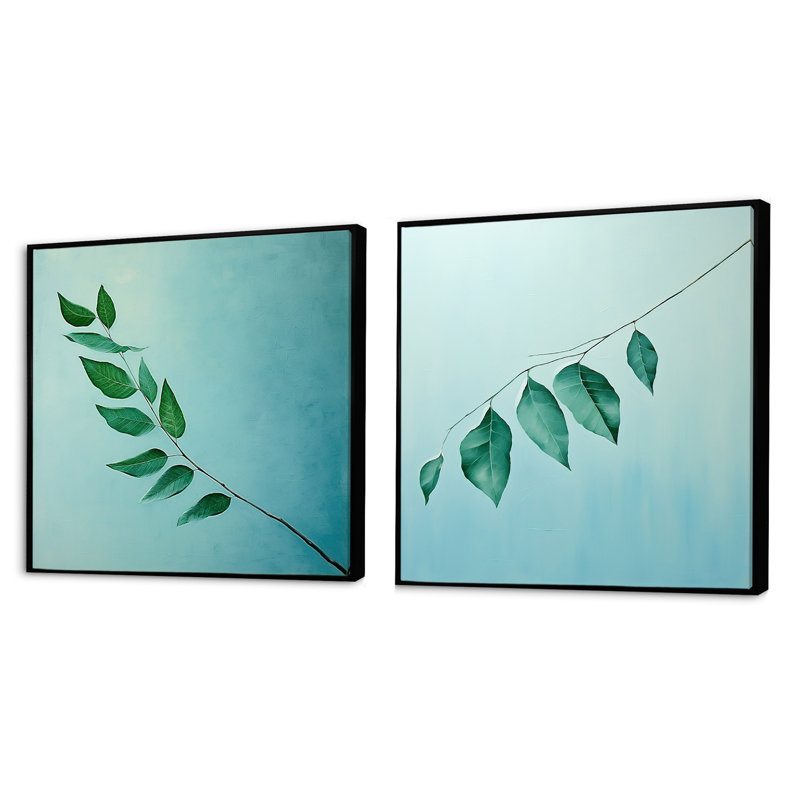 Teal Tranquility Leaf Impression - ensemble de 2 feuilles carrées, Cadre flottant noir, H 30 po x l 61 po