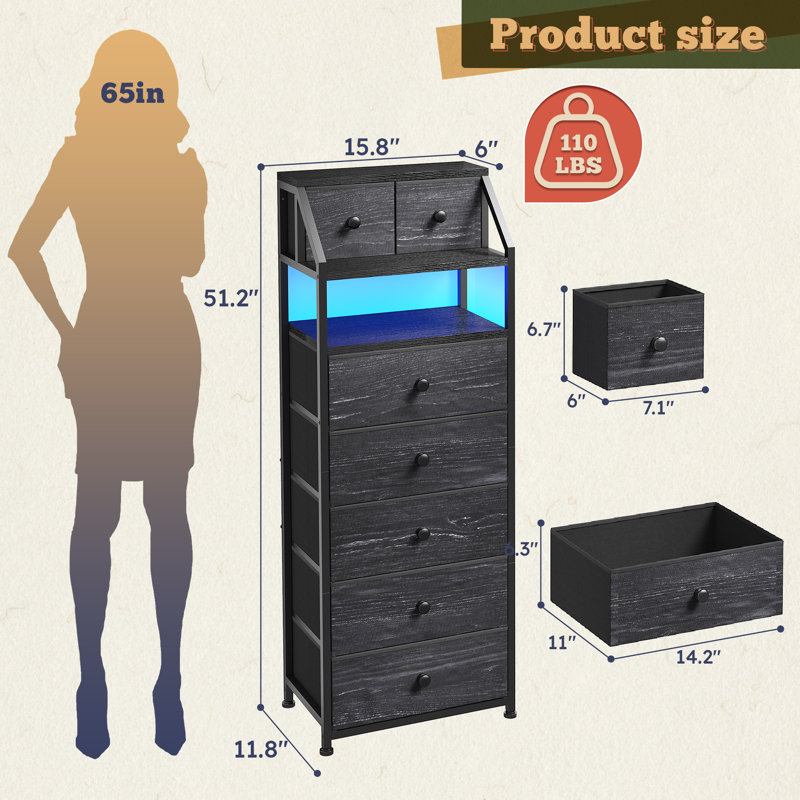 Tall 7-drawer Storage Cabinet With Rgb Led Lighting, Modern Organizer With Open Shelf For Bedroom Living Room, Black