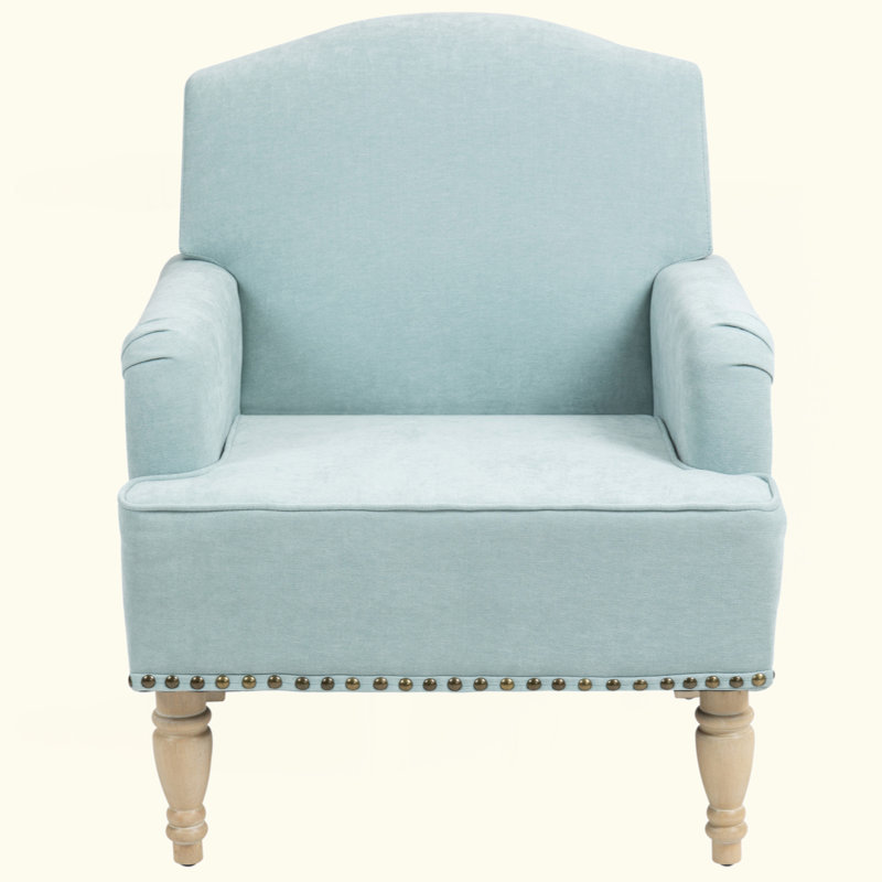 Modern Accent Chair with Retro Wooden Legs & Nailhead Trim, Natural, Blue Polyester, 35.4" H x 28.9" W x 24" D