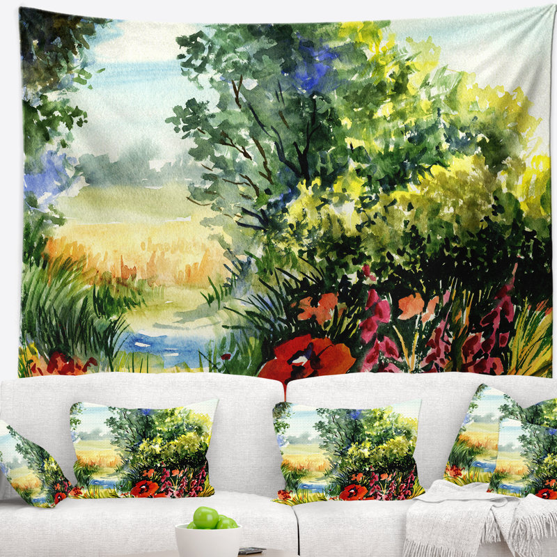 Paysage aquarelle avec tapisserie de fleurs, H 32 po x l 39 po