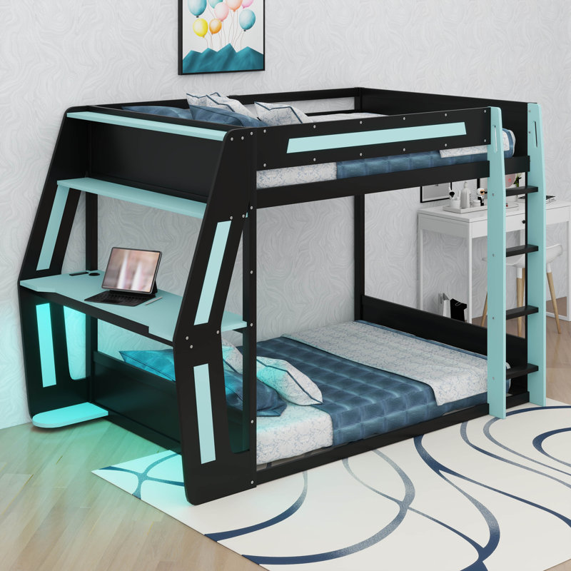 Lit superposé double pleine grandeur avec bureau latéral et ports de charge USB et bande lumineuse à DEL, Bleu nuage