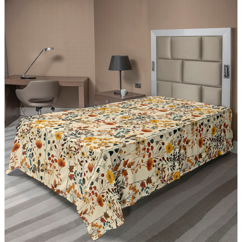 Drap plat moderne de style bohème Ambesonne, Drap plat pour lit simple, Ambre / paprika / motif floral bleu ardoise