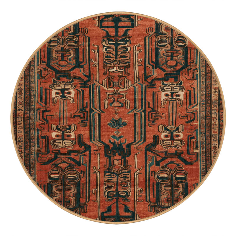 Tapis art déco brun lavable à la machine, Rond 7 pi