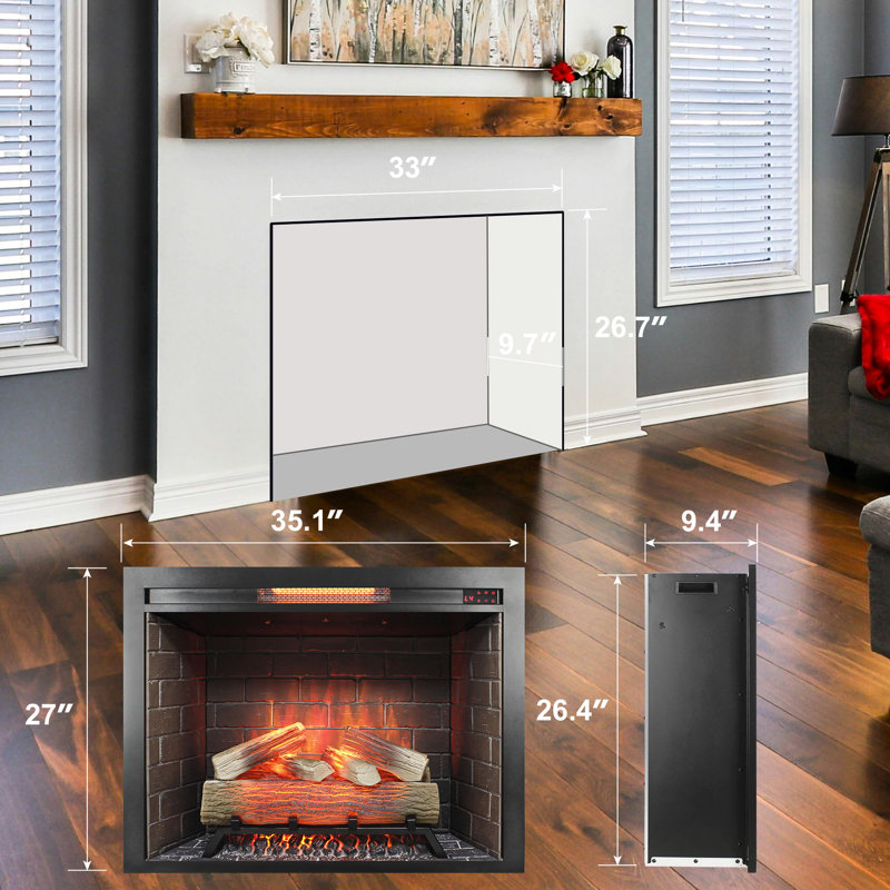 33-Inch Electric Fireplace Insert: Smokeless Firebox, Touch Panel, 1500W Heat, 4 Flame Colors, Adjustable Brightness/Speed, /Ul , 5000 /H, 400 Sq. Ft. Heat Range, 2 Installation Options, Realistic 3D