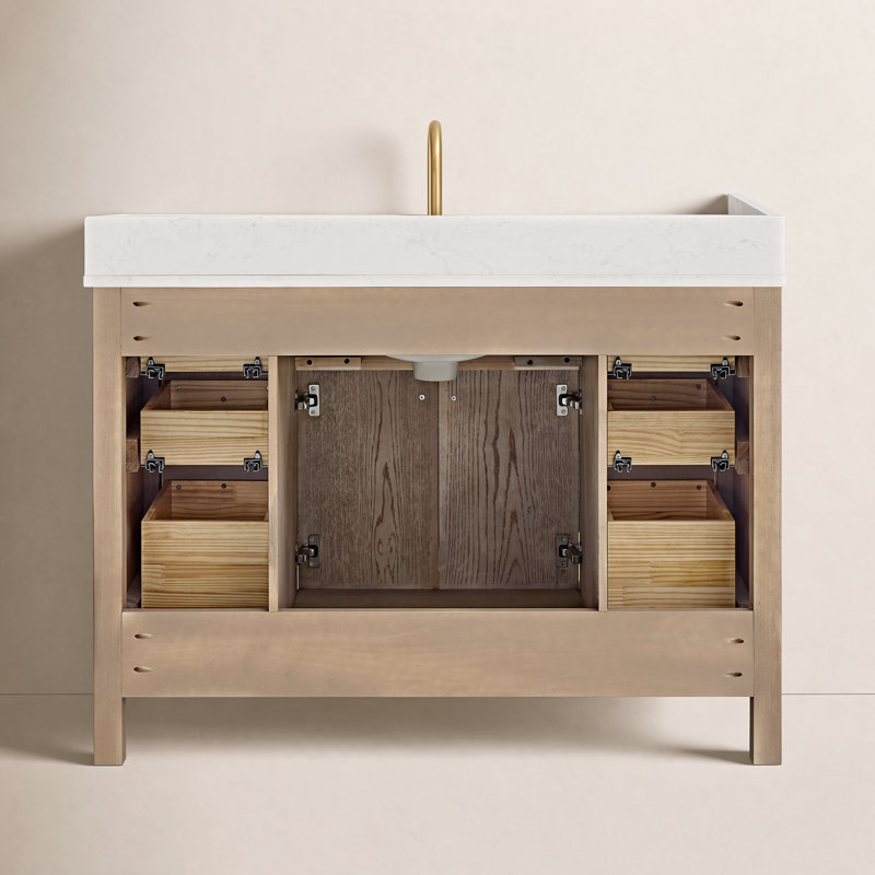Lala 48" Single Bathroom Vanity with Grain White Engineered Stone Countertop without Mirror, Nature Oak
