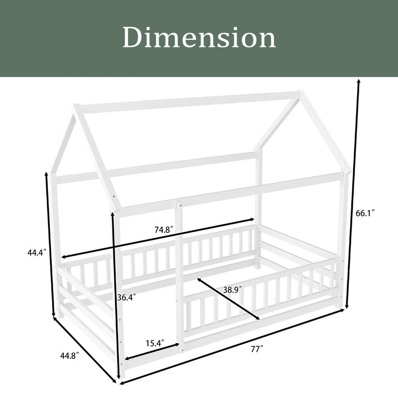 Floor Wooden Bed With House Roof Frame, Fence Guardrails, Twin, White
