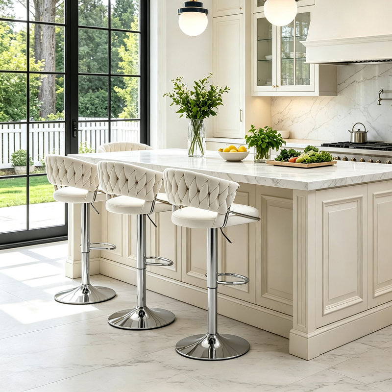 Christal Swivel Upholstered Adjustable Height Counter Stool, Ivory, Silver