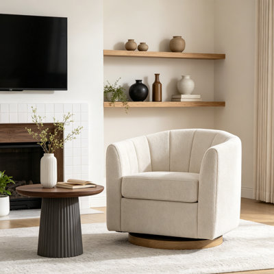 31.1'' Wide Chenille Upholstered Channel Tufted 360° Swivel Barrel Chair With Solid Wood Base