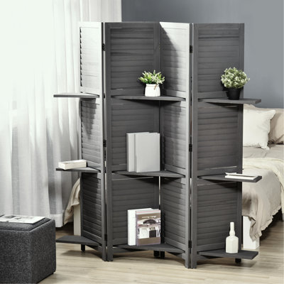 4 Privacy Screen With Storage, 5.6 Ft Grey For Bedroom & Office, Rustic Wood Finish Screen, Wooden Style