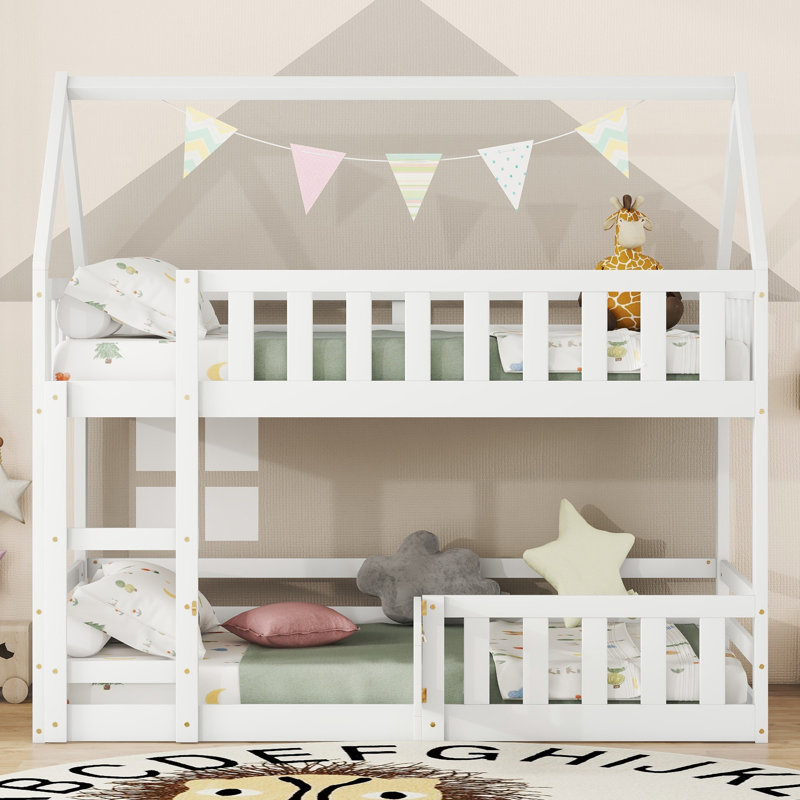 Sereno Solid Wood House Bunk Bed with Fence and Door, White